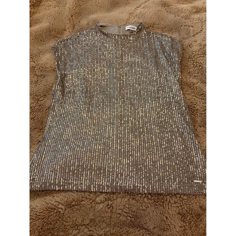Calvin Klein Womens Sequin High Neck Sleeveless Blouse Champagne Gold Medium